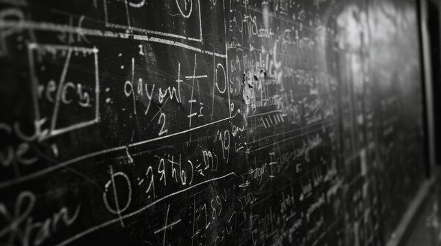A close-up perspective of a chalkboard filled with mathematical equations, with a shallow depth of field that blurs the background, emphasizing the intricate details of the calculations. - Powered by Adobe