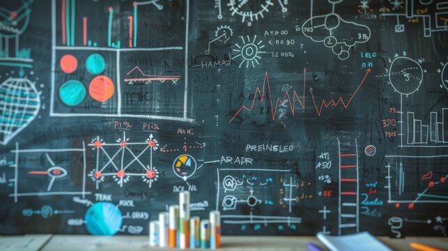 A dynamic chalkboard filled with colorful scientific diagrams, charts, equations, and graphs demonstrating various scientific principles, alongside neatly arranged stationary items.