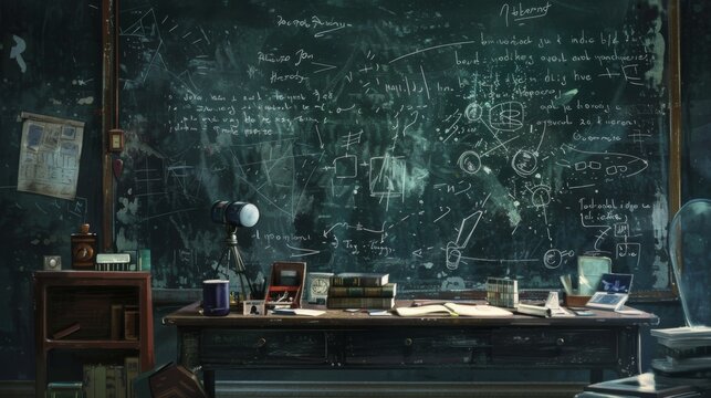 An image of a chalkboard filled with detailed mathematical and scientific equations, diagrams, and notes in a cluttered academic setting with scholarly tools. - Powered by Adobe