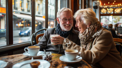 An elderly couple sits at a table in a cafe and smiles.