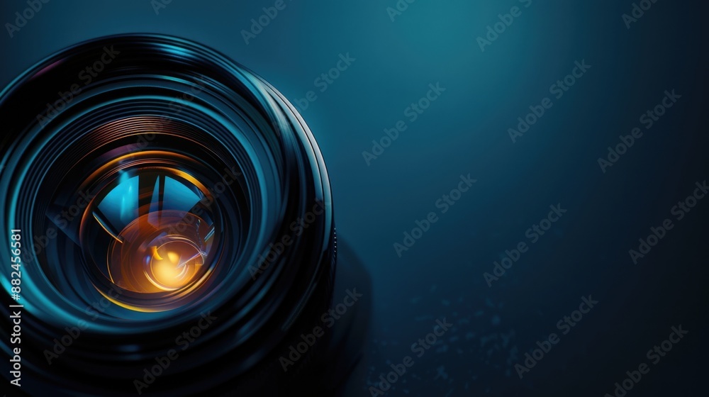 Poster a close-up shot of a camera lens sitting on a table, great for use in photography or tech-related co