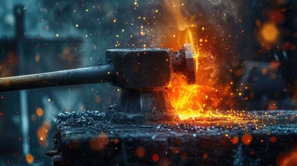 A blacksmith hits a red-hot piece of metal with a hammer, demonstrating the process of shaping and forming metal