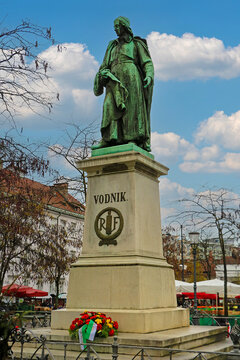 : Valentin Vodnik Monument dedicated to the Carniolan priest, poet and journalist Valentin Vodnik. at Vodnik Square in Ljubljana, the capital of Slovenia