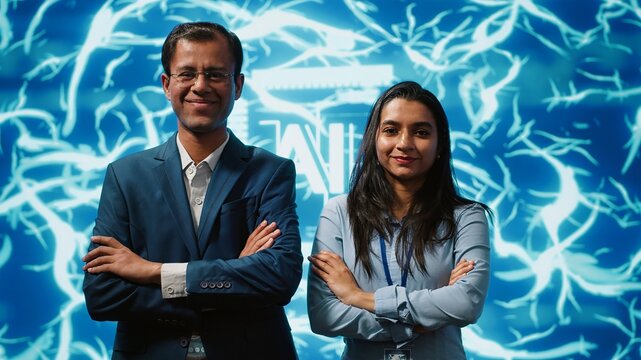 Portrait of smiling team of technicians implementing artificial intelligence parallel processing, breaking up complex computational tasks enabling AI systems to process data faster, camera A