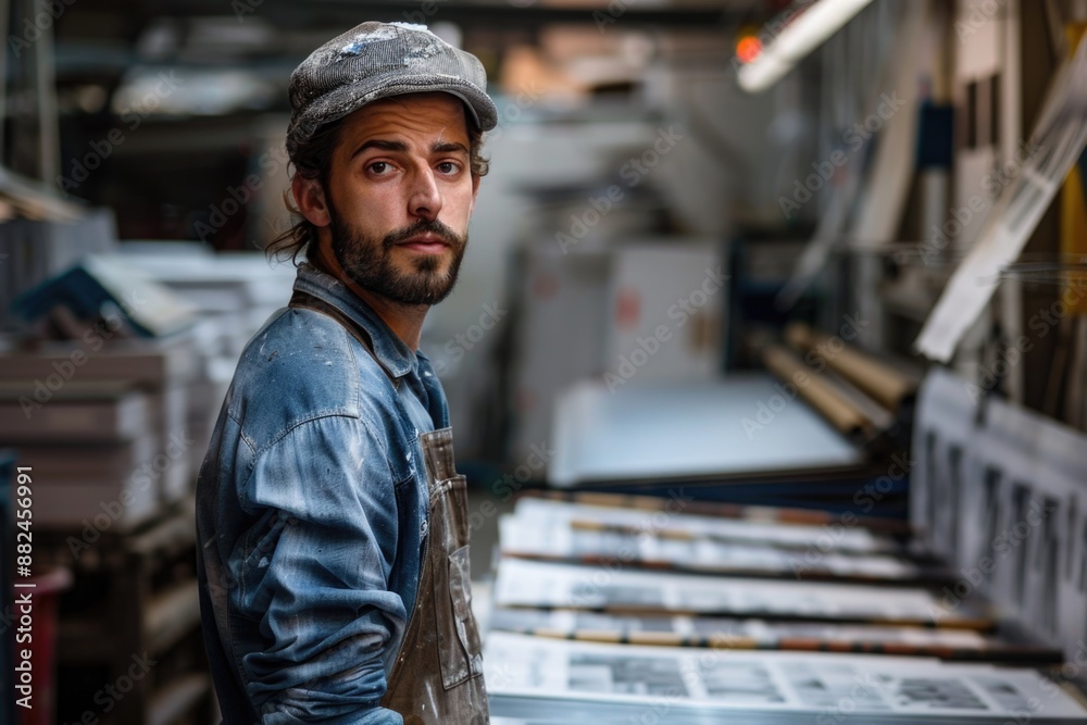 Poster a person standing in a modern industrial setting looking directly at the camera