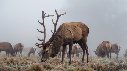 Fototapeta premium Majestic Elk Grazing in Foggy Meadow.