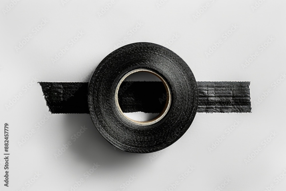Poster a roll of black tape on a plain white surface, suitable for diy projects and craft ideas