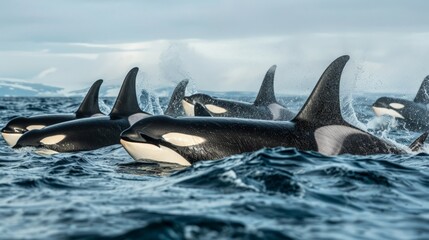 Naklejka premium Orcas swimming in the ocean.