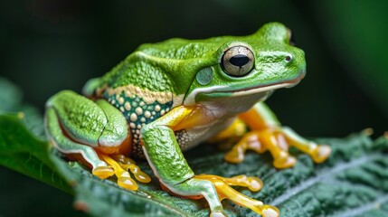 Obraz premium Close-up of a Green Tree Frog on a Leaf.