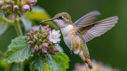 Fototapeta premium Hummingbird in Flight, Feeding on Flowers.