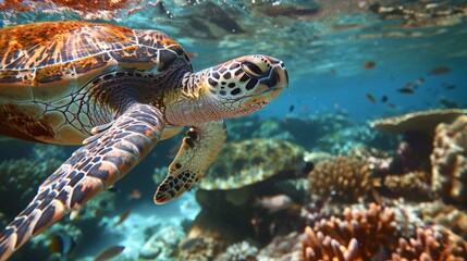 Obraz premium Sea Turtle Swimming Through Coral Reef.