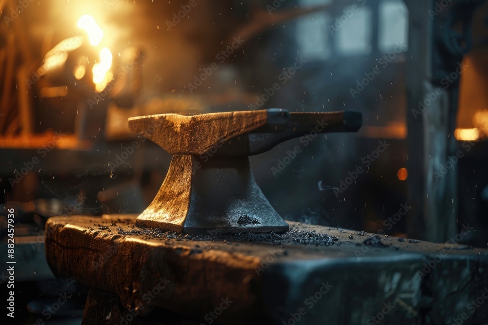 Poster a blacksmith's anvil in a well-lit workshop setting, perfect for use as a historical or industrial-t