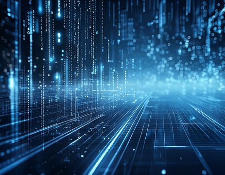 A blue numeric matrix with numbers arranged randomly in a modern and technological aesthetic. Bokeh background of numbers and data analysis. 