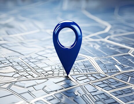 A dark blue location indicator on city map in 3D rendering. City map with a blue GPS location icon determining the exact meeting point. 