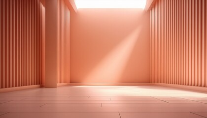 An empty salmon-colored wall with bright light on an elegant, minimalist background. 3D empty space and light floor for product presentation in a vibrant salmon tone and clean aesthetics