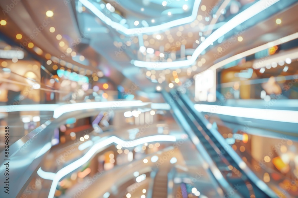 Poster interior shot of a busy mall with escalators in the background, suitable for use in travel or commer