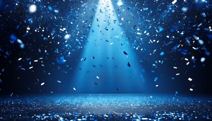 Festivity illustration with navy blue sparkling confetti raining on empty stage with beam of light. Empty room on festive stage with blue confetti. 