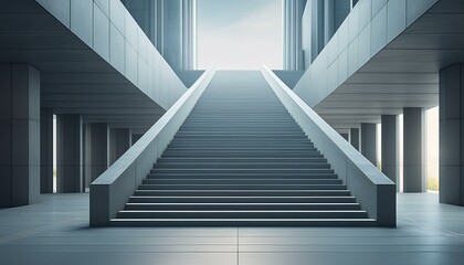 Obraz premium Modern staircase in concrete space. Long concrete stair way to majestic building. Beautiful empty grey stair step in building. Realistic 3D illustration.