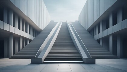 Fototapeta premium Modern staircase in concrete space. Long concrete stair way to majestic building. Beautiful empty grey stair step in building. Realistic 3D illustration.