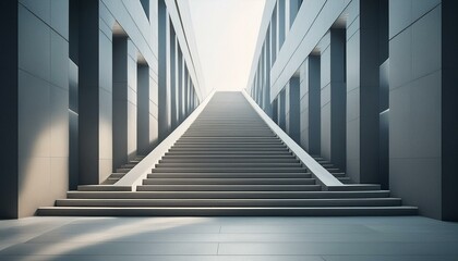 Obraz premium Modern staircase in concrete space. Long concrete stair way to majestic building. Beautiful empty grey stair step in building. Realistic 3D illustration.