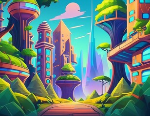 2D abstract futuristic city background environment for mobile adventure or battle game. Futuristic cyberpunk city cartoon style in game art background environment