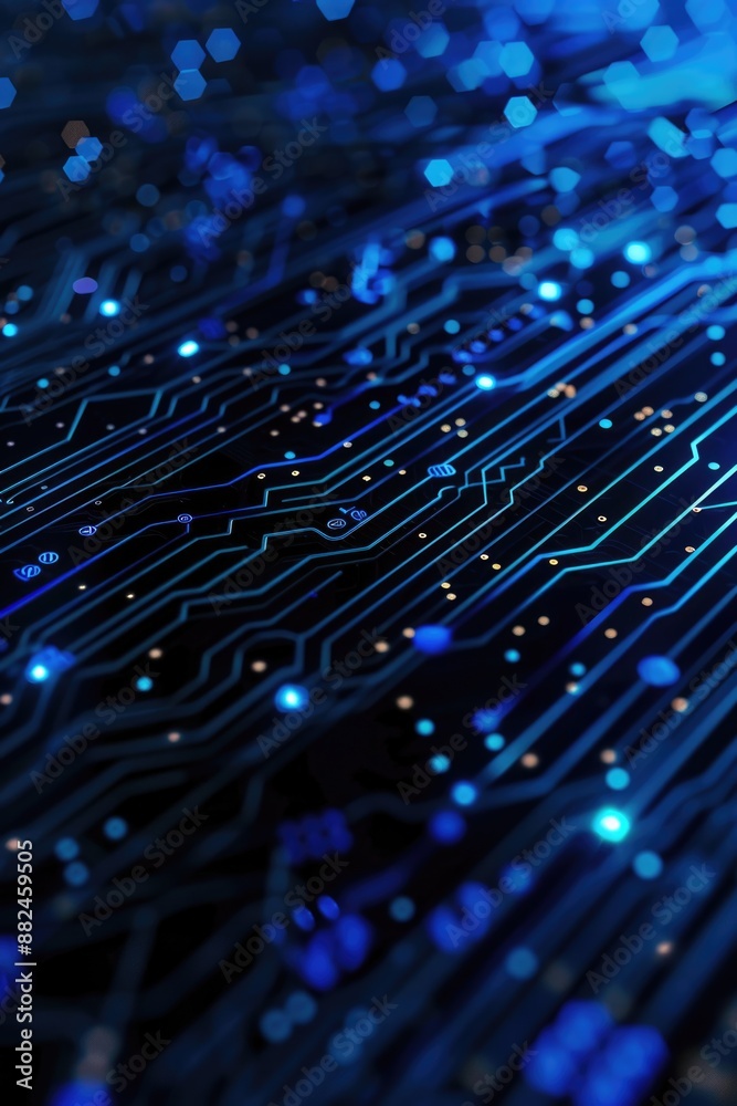Poster a close-up shot of a circuit board featuring blue lights, useful for technology and electronics rela