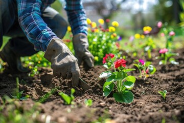 Gardener Planting Flowers in Sunny Backyard 
