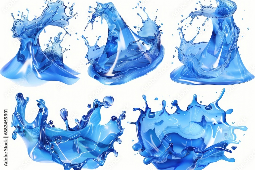 Poster a series of blue water splashes in different shapes and sizes