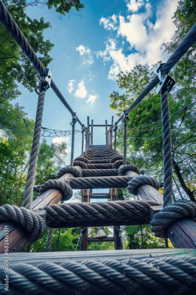 Poster a rope bridge suspended between two trees in a dense forest, great for outdoor and nature-themed use
