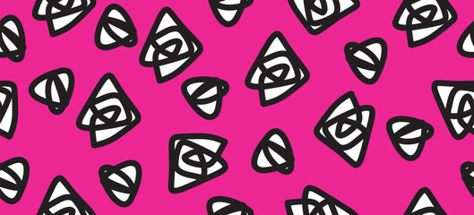 line doodle seamless pattern for kids birthday party or celebration background, trendy design with scribble shapes on pink backdrop.