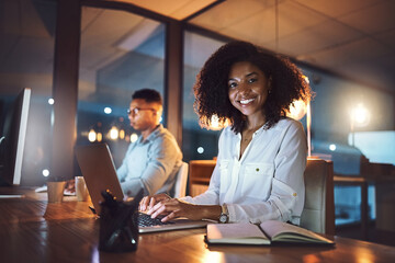 Night, office and portrait of woman with smile for project report, information and overtime at work. Happy, developer and book with laptop for software development, deadline and open source research