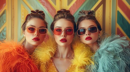 Fashionable trio with sunglasses and feather boas - generative ai