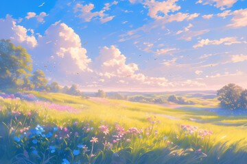 breathtaking anime meadow filled with vibrant wildflowers under a sunny sky with fluffy clouds
