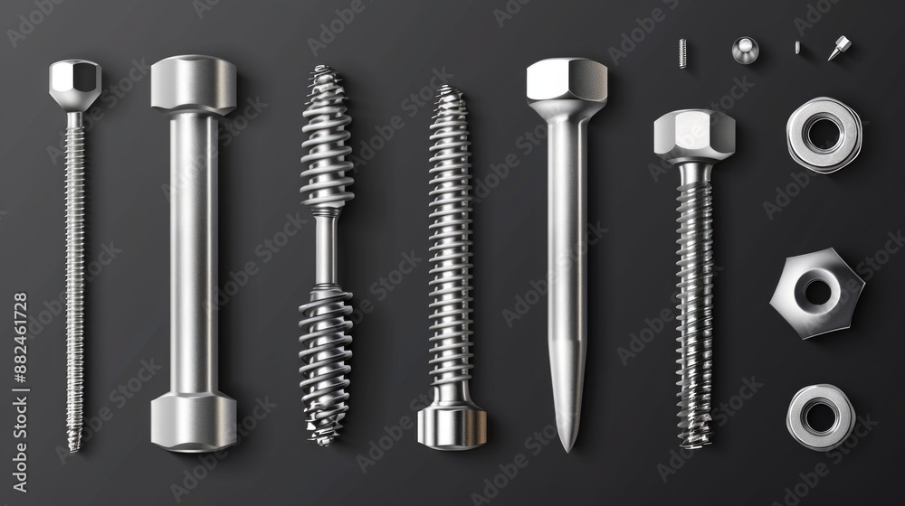 Aufkleber a close-up shot of various screws and nuts arranged on a dark or black background, ideal for use in 