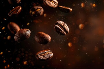 A scene with a bunch of coffee beans suspended in mid-air, possibly used for creative or advertising purposes