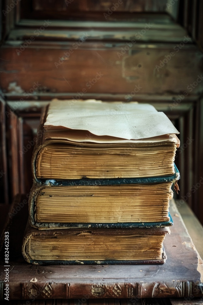 Poster stack of books placed on a wooden table