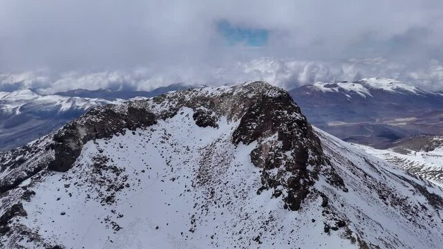 Ojos del Salado world's tallest volcano seen from air peak at 6,893 meters (22,615 feet). Situated in Andes straddling border of Chile and Argentina natural wonder majestic nature of South America.