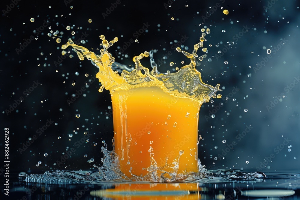 Poster a glass filled with freshly squeezed orange juice and a splash of water, perfect for a refreshing be