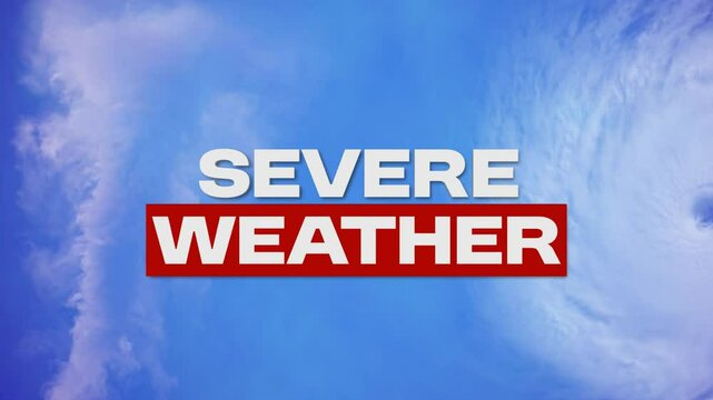 Severe weather animated video. Tornado and hurricane moving on sky background with text. Intro, news, template.