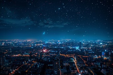 Obraz premium A panoramic shot of a city skyline under the night sky, with glowing buildings and streets, showcasing the contrast between urban illumination and the dark horizon