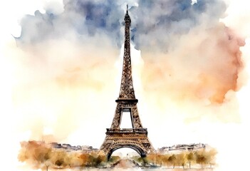 Fototapeta premium poster sticker cutout watercolour card painted decoration clipart object tower sketchy print symbol element greeting drawing hand single one watercolor design beautiful paris eiffel france icon black