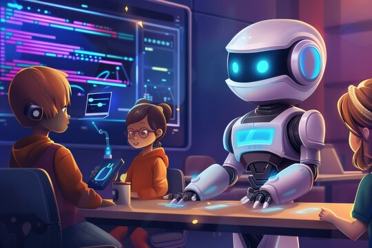 An illustration of a coding robot teaching programming concepts to children, promoting STEM education and coding skills from a young age