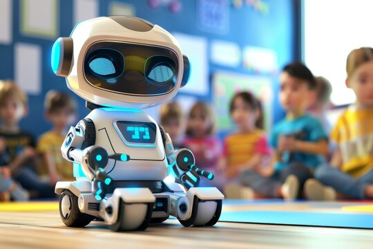 An illustration of a coding robot teaching programming concepts to children, promoting STEM education and coding skills from a young age