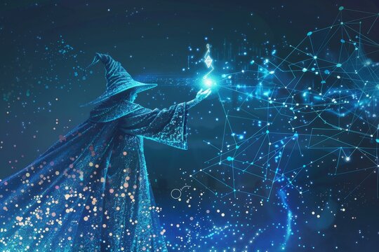 An illustration of a coding wizard casting spells with lines of code, symbolizing the magical and transformative abilities of programming