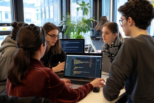 A group of programmers collaborating on a project, discussing code and sharing ideas, emphasizing teamwork and cooperation in software development