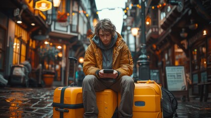 Traveler with luggage in charming street - generative ai