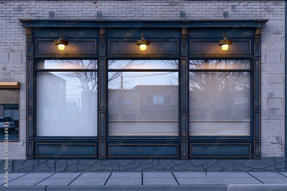 Poster A single-story brick building with two large windows and a fire hydrant in front, suitable for use as a background or prop image