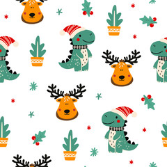 Christmas set with festive dinosaurs and cute characters. Christmas dinosaurs, trees, sweets and toys. Pattern with dinosaurs but new year.
