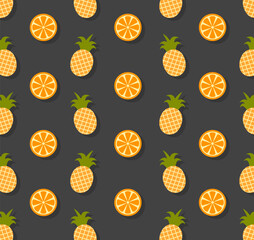 Vector seamless pattern with oranges and pineapples on a grey background. Flat icons, background, wallpaper, print design
