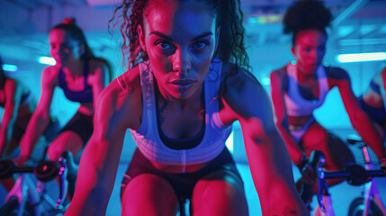 Group of athletes are participating in a cycling class in a modern gym with neon lights. The woman in front is leading the class